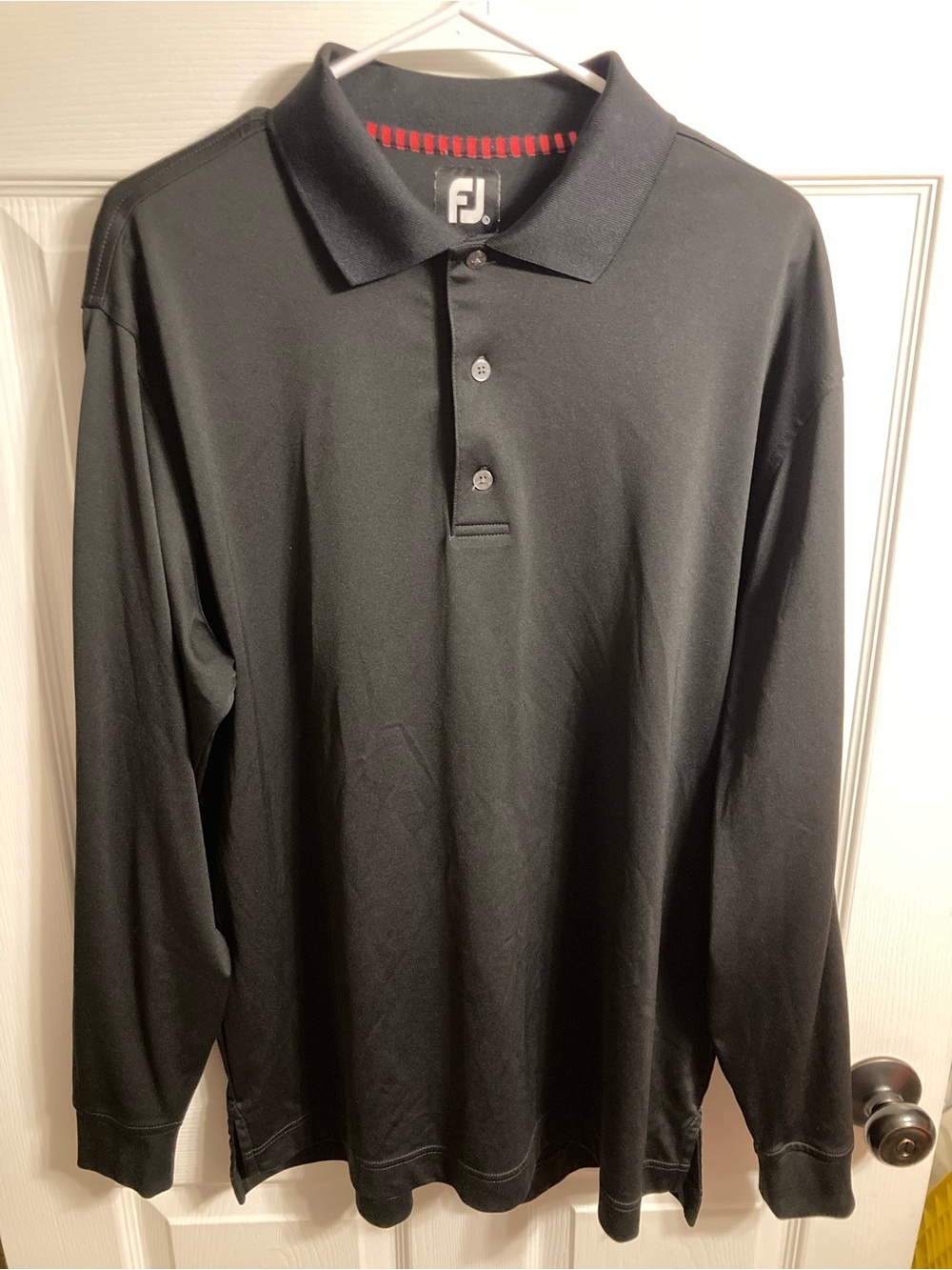 FootJoy Black Long Sleeve Golf Polo with Red Collar Trim